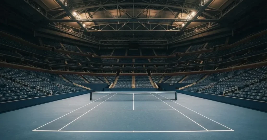Ein hohes Tennisstadion mit geschlossenem Dach, von innen beleuchtet, leere Sitzreihen umschliessen den blauen Hartplatz.