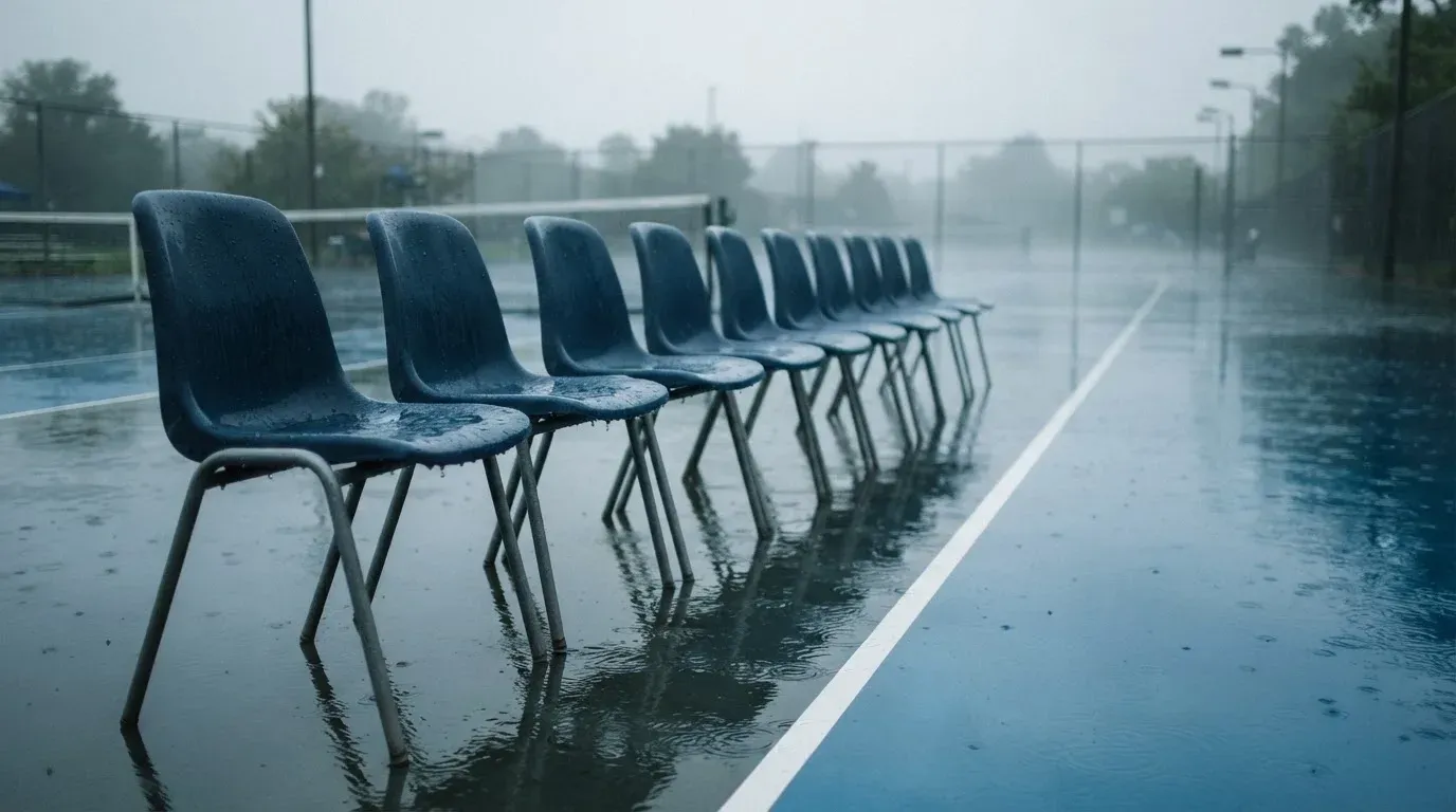 Leere Klappstühle an der Seitenlinie eines Hartplatzes nach Regen, die nasse Fläche spiegelt den grauen Himmel.