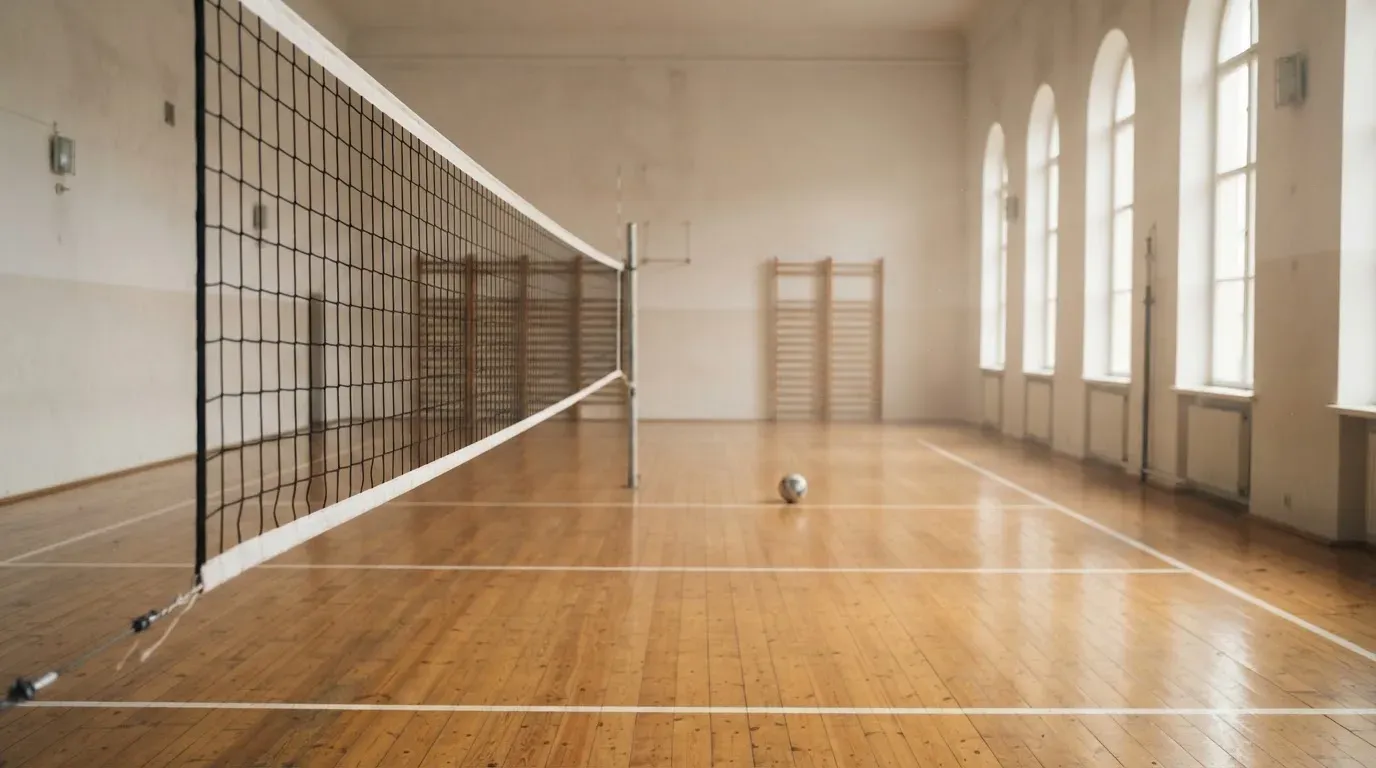 Eine Sporthalle mit gespanntem Volleyballnetz über poliertem Holzboden, hohe Fenster lassen Tageslicht herein.