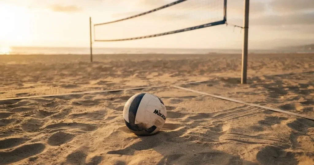 Ein Volleyball liegt im Sand eines Beachplatzes, zwischen zwei Pfosten ist ein Netz gespannt, tiefe Abendsonne wirft lange Schatten.