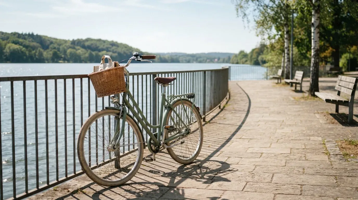 Ein Fahrrad lehnt an einem Geländer einer Uferpromenade an einem See im Sonnenlicht.
