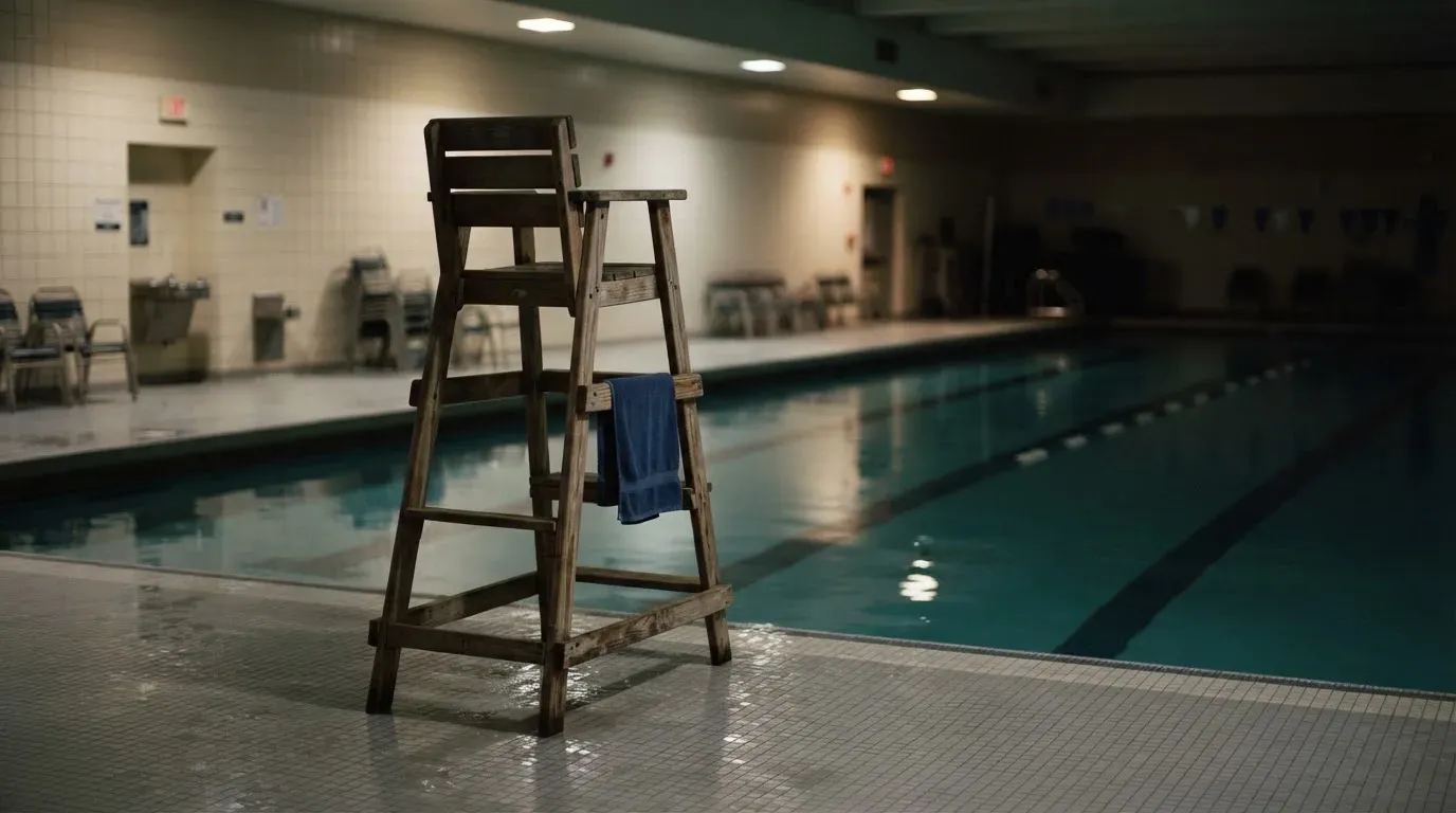 Ein Bademeisterstuhl neben einem Hallenbad zur Schliesszeit, gedimmtes Licht, glatte Wasseroberfläche.