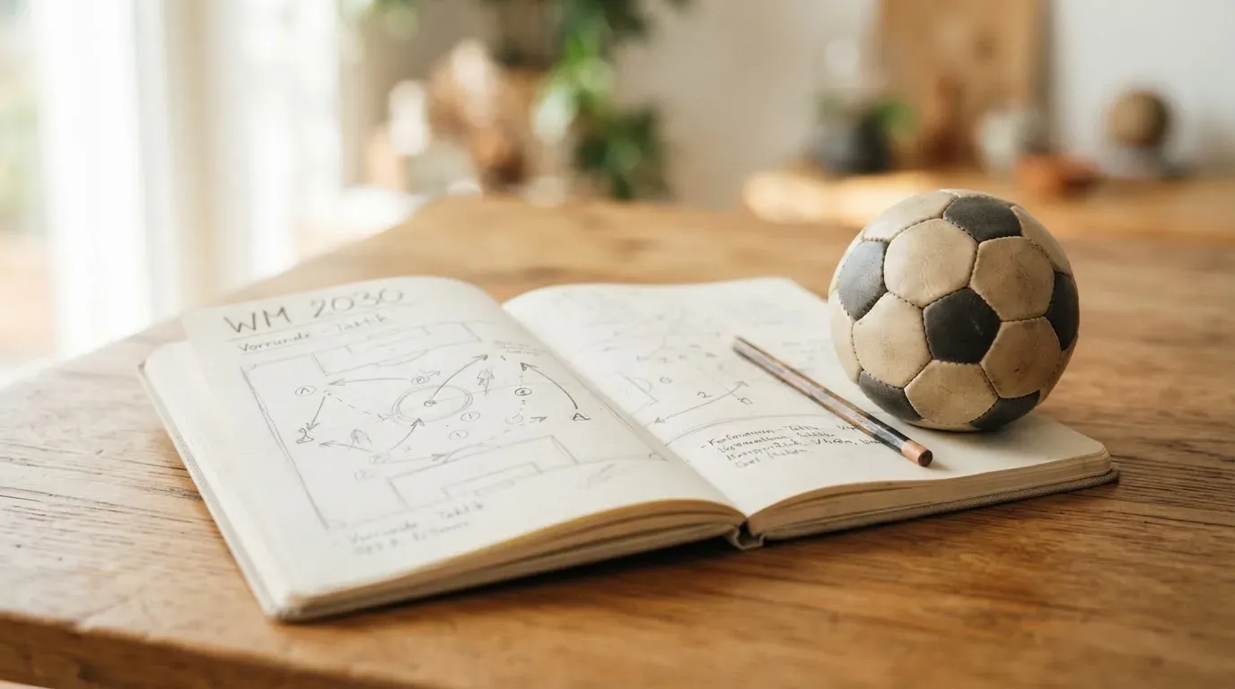 Ein aufgeschlagenes Notizbuch mit Bleistiftskizzen und ein kleiner Fussball liegen auf einem Holztisch im Tageslicht.