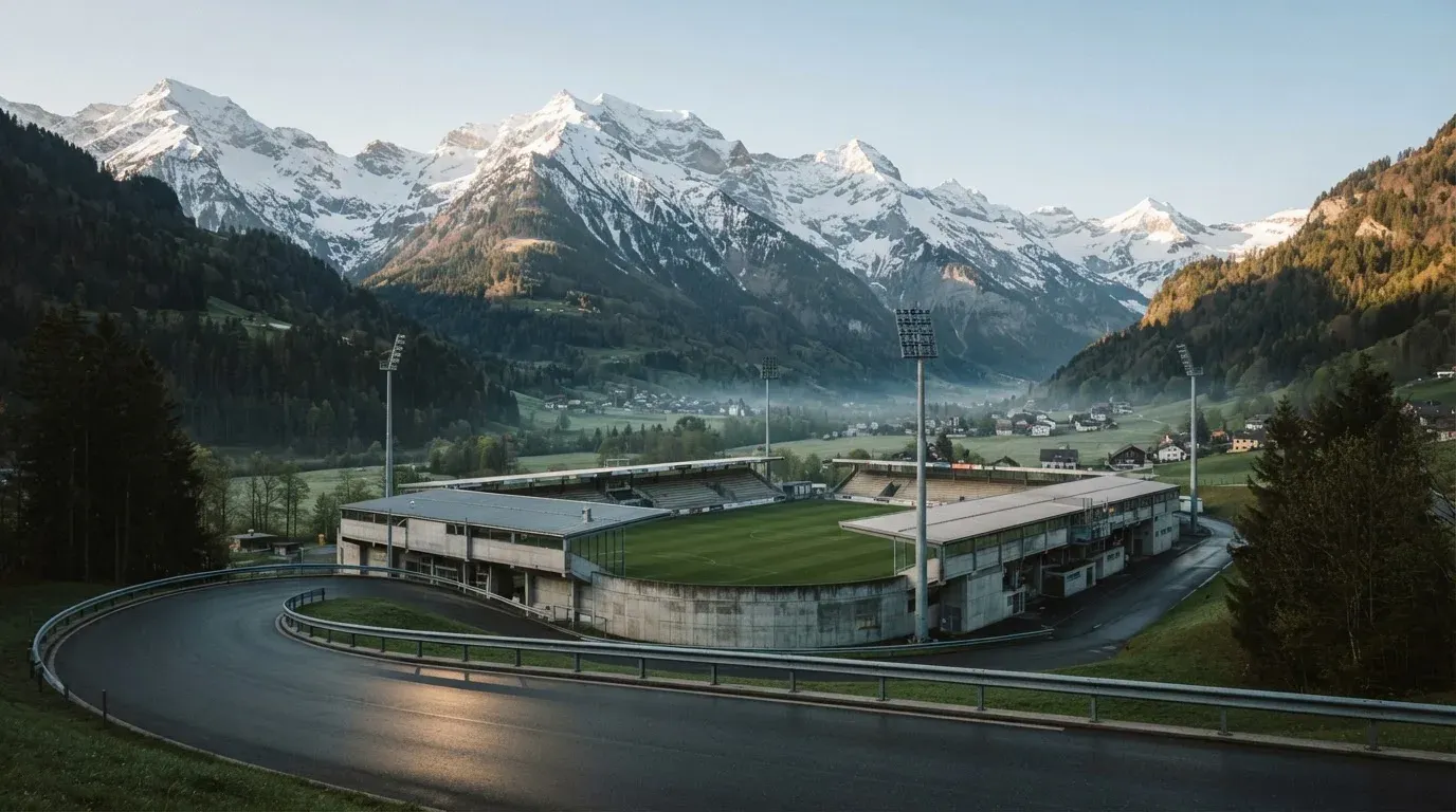 Schneebedeckte Berge erheben sich hinter einem Fussballstadion in einem Schweizer Tal, davor liegt eine leere Strasse im Morgenlicht.