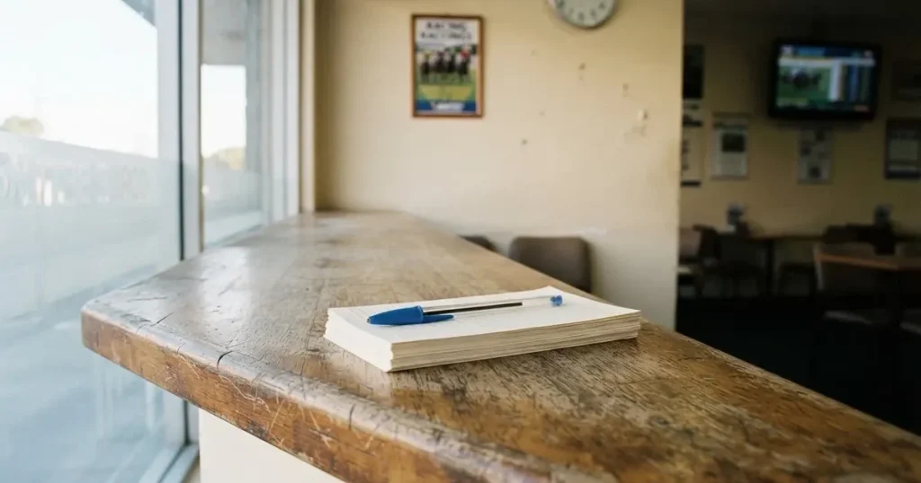 Ein leerer Ladentisch aus Holz mit einem Stapel unbeschriebener Papierzettel und einem Kugelschreiber, durch das Schaufenster fällt Tageslicht.