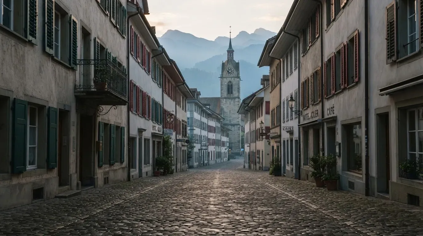 Eine ruhige Gasse in einer Schweizer Altstadt mit Kopfsteinpflaster am frühen Morgen, im Hintergrund ein Kirchturm und Berge im Dunst.