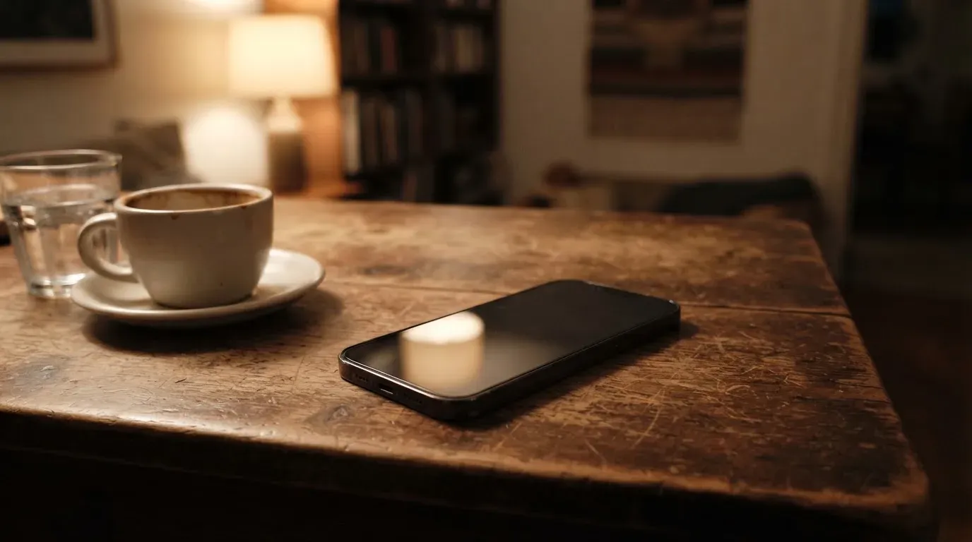 Ein Smartphone mit dunklem Display liegt neben einer Kaffeetasse und einem Glas Wasser auf einem Holztisch im Licht einer Lampe.
