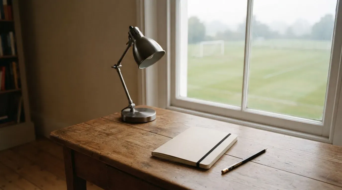 Ein Schreibtisch am Fenster mit Schreibtischlampe, Bleistift und leerem Block, draussen liegt ein Fussballplatz im Dunst.