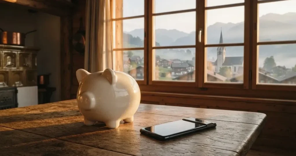 Ein Sparschwein aus Keramik steht auf einem Küchentisch neben einem Smartphone mit dunklem Display, im Fenster dahinter ein Schweizer Dorf im Morgenlicht.