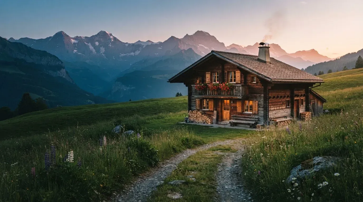 Ein Holzchalet mit Blumenkästen steht vor einer Bergkette im Abendlicht, davor führt ein leerer Feldweg durch eine Wiese.