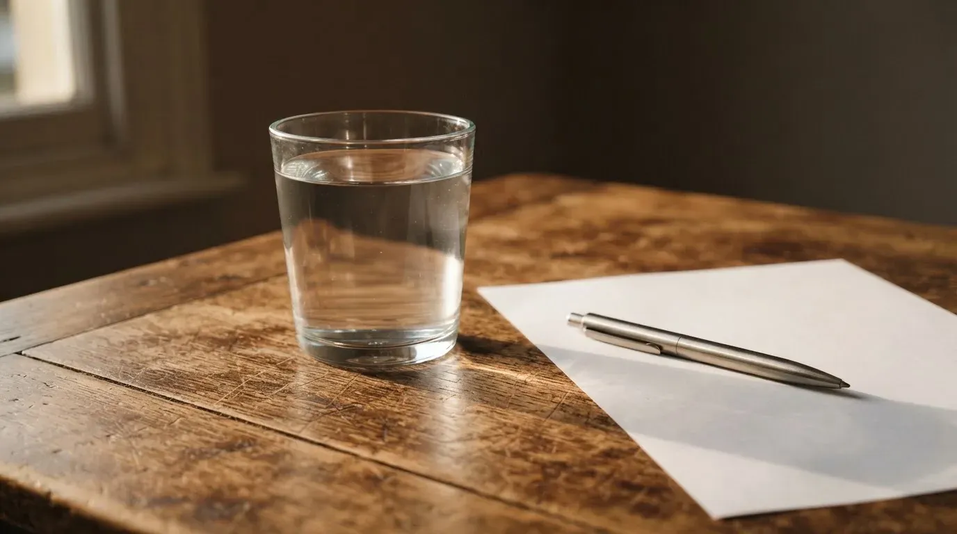 Ein Glas steht bis zum Rand gefüllt auf einem Holztisch, daneben ein Kugelschreiber und ein leeres Blatt Papier im Seitenlicht.
