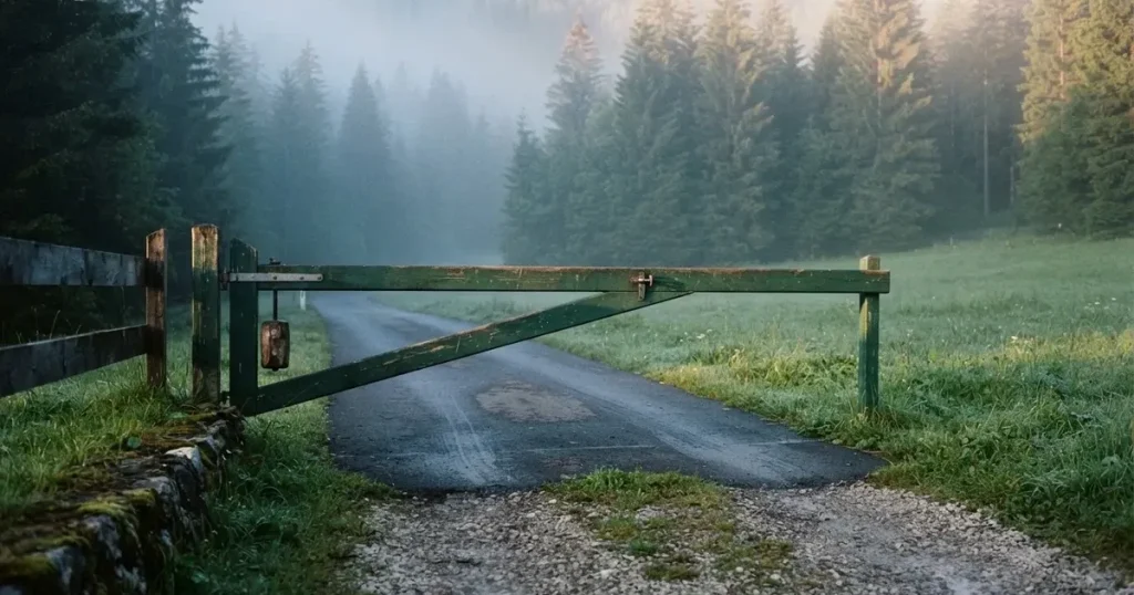 Eine geschlossene Schranke steht an einer ruhigen Bergstrasse im Morgennebel, dahinter Tannen und eine nasse Wiese.