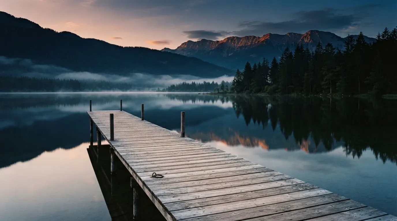 Ein Bergsee in der Dämmerung mit einem leeren Holzsteg, die Wasseroberfläche ist ruhig und Nebel zieht über die Hänge.
