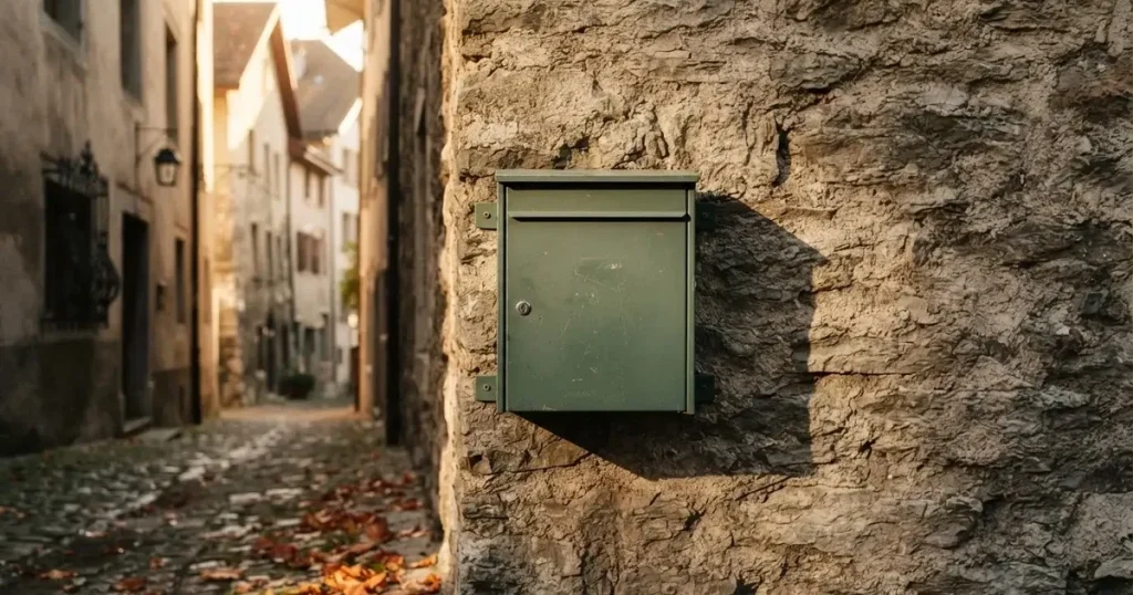 Ein Briefkasten aus Metall hängt an einer Steinmauer in einer Schweizer Gasse, Herbstlaub liegt auf dem Pflaster.