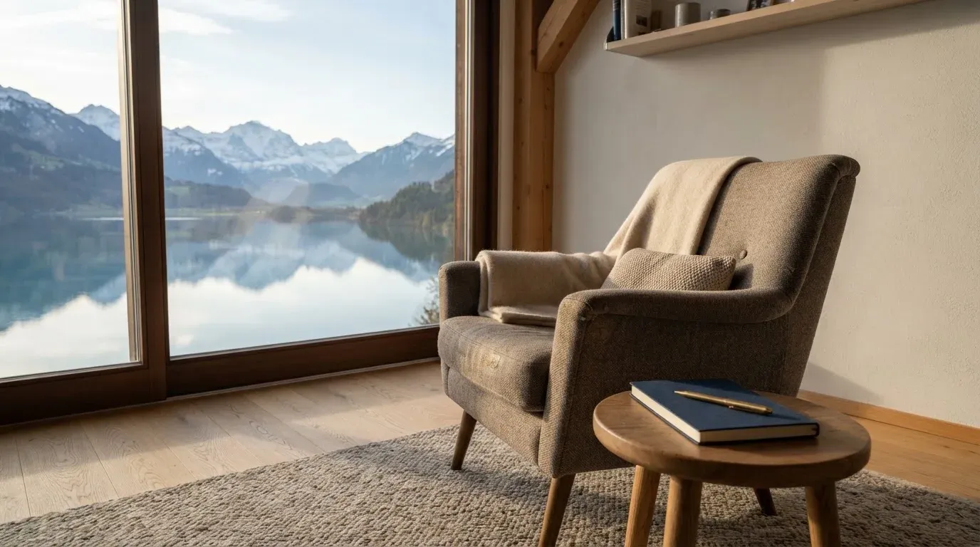 Ein leerer Sessel steht an einem Fenster mit Blick auf einen ruhigen See und schneebedeckte Berge im Morgenlicht.