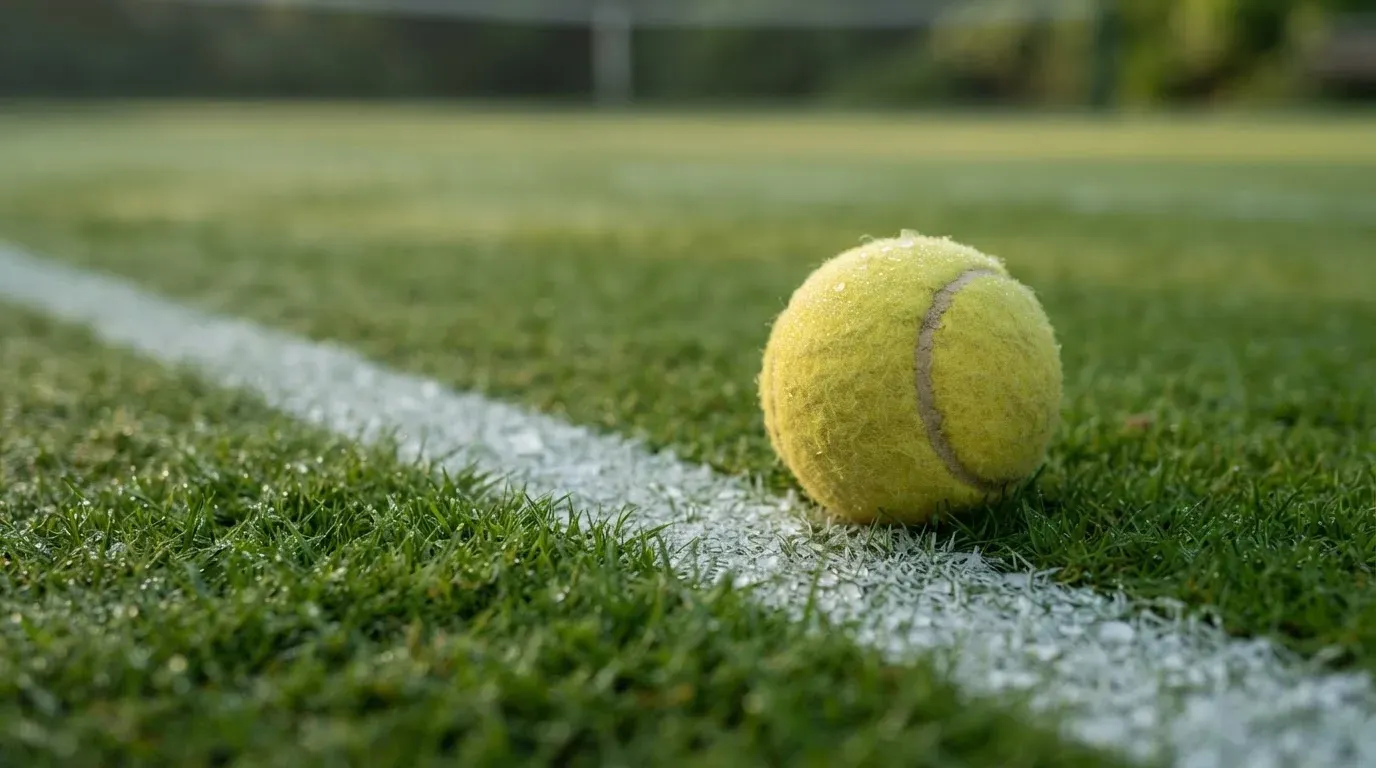 Ein gelber Tennisball liegt im Gras neben der weissen Grundlinie, Tau glitzert auf den Halmen im flachen Sonnenlicht.