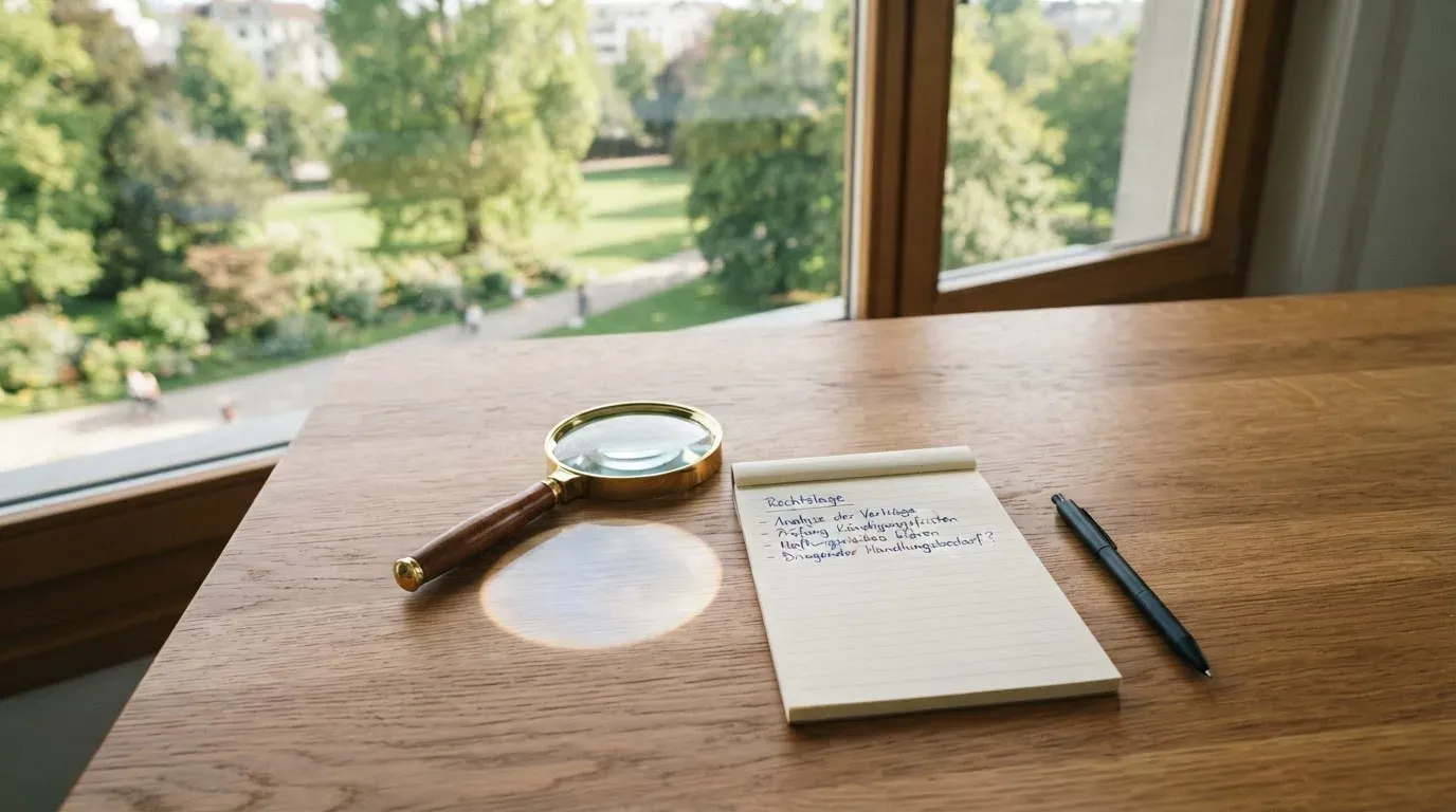 Ein Holzschreibtisch in einem hellen Büro mit Blick auf einen Park, darauf eine Lupe und ein leerer Notizblock.