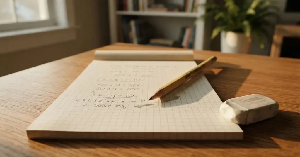 Ein Bleistift liegt quer auf einem karierten Papierblock mit handgezeichneten Kreisen und Pfeilen, daneben ein Radiergummi im Seitenlicht.