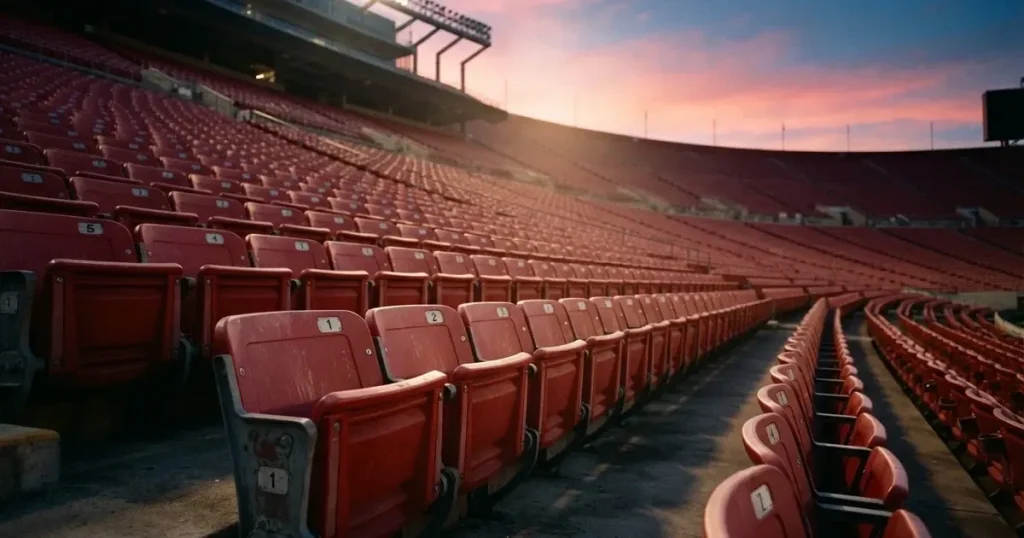 Eine Reihe leerer Sitzplätze in einem Stadion, die Sessel in gleichmässigem Abstand, über den Rängen ein Abendhimmel in Rosa.