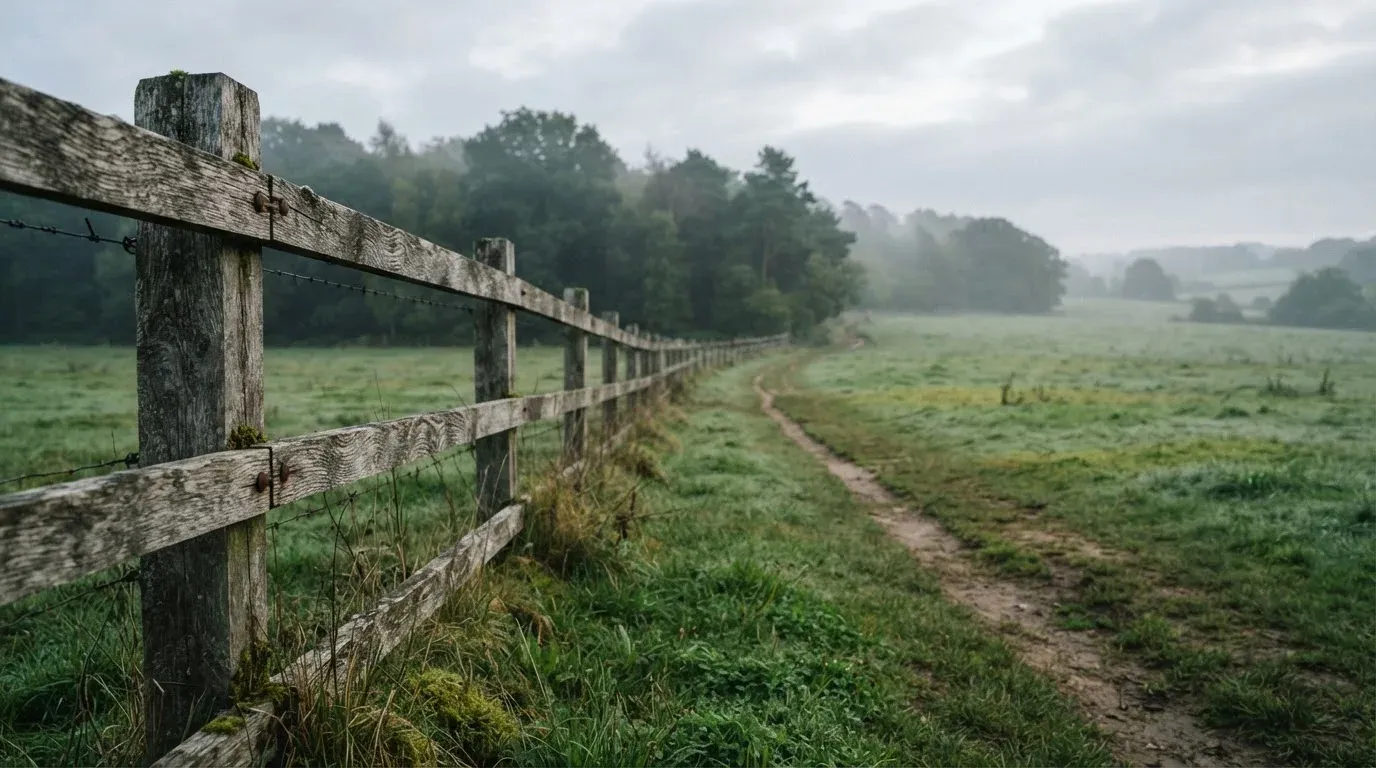 Ein Holzzaun trennt zwei Wiesen entlang eines Feldwegs, dahinter ein Waldrand im diffusen Morgenlicht.