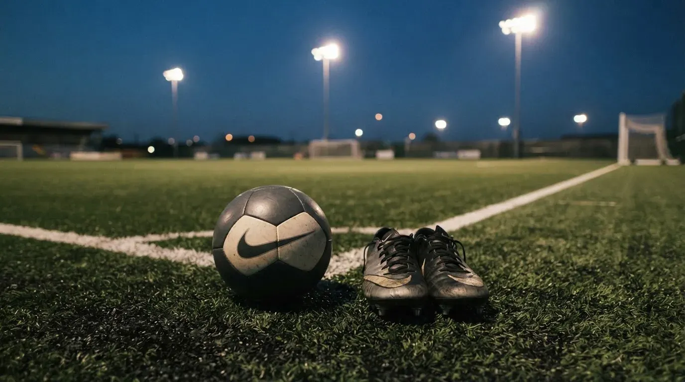 Ein Fussball und ein Paar Stollenschuhe stehen am Rand eines Kunstrasenplatzes, Flutlichtmasten ragen in den Abendhimmel.