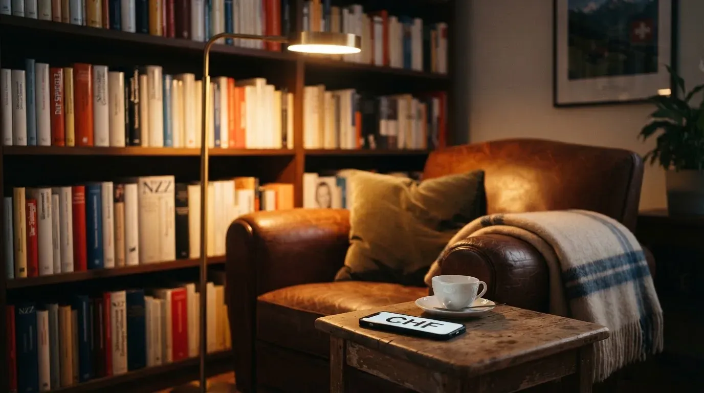 Ein Lesesessel mit Wolldecke steht neben einem Bücherregal und einer Stehlampe, auf dem Tisch eine Teetasse.