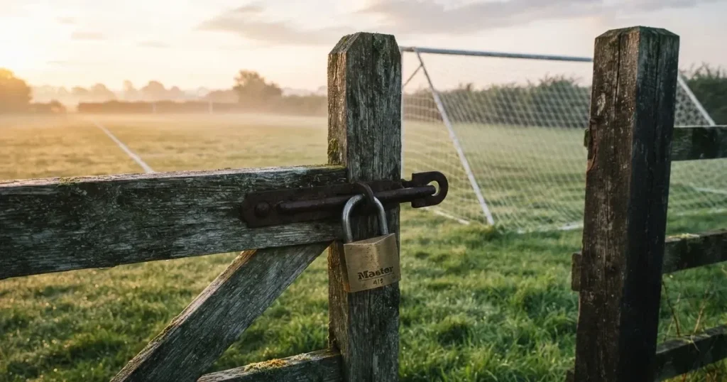 Ein Vorhängeschloss hängt an einem Holztor neben einem Fussballplatz im Morgenlicht, der Rasen ist taufeucht.