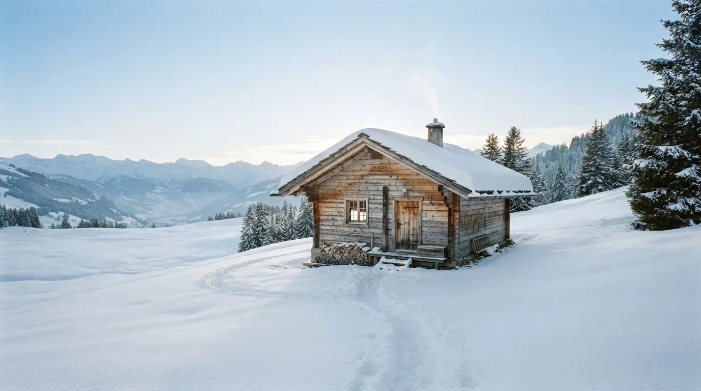 Eine Berghütte im Schnee mit rauchendem Kamin steht vor klarem Himmel, ein Pfad führt in die Stille.