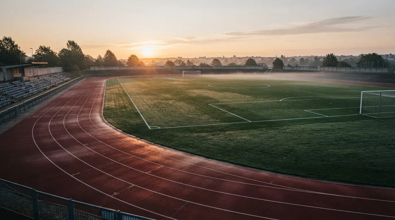 Eine rote Laufbahn umringt ein Fussballfeld beim Sonnenaufgang, auf dem Rasen liegt Tau.