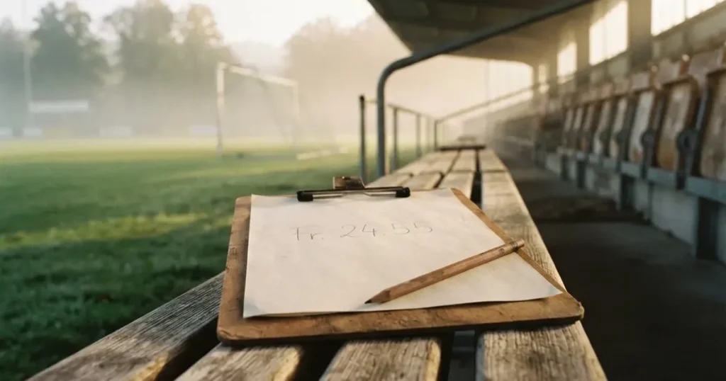 Ein Klemmbrett mit leerem Papier und ein Bleistift liegen auf einer Tribünenbank, darunter ein Rasenplatz im Frühnebel.