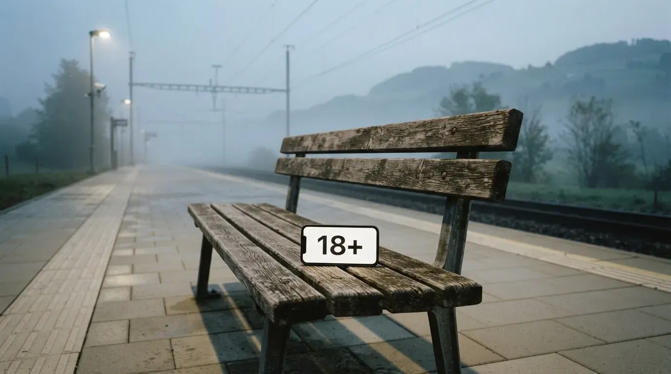 Ein leerer Bahnsteig mit einer Holzbank im Morgennebel, dahinter sanfte Hügel.