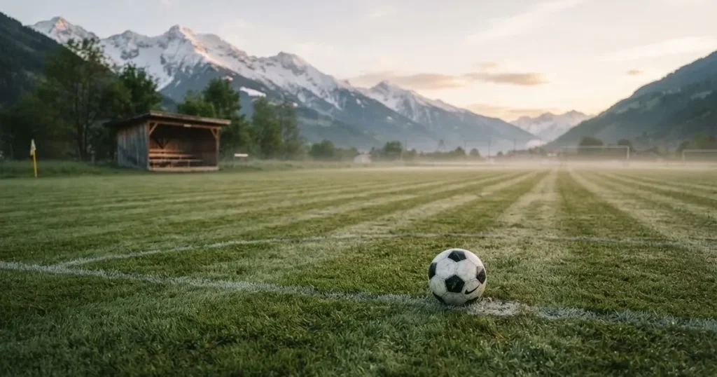Ein Fussball liegt am frühen Morgen auf dem Rasen eines leeren Fussballfeldes, dahinter eine kleine Tribüne und schneebedeckte Berge.