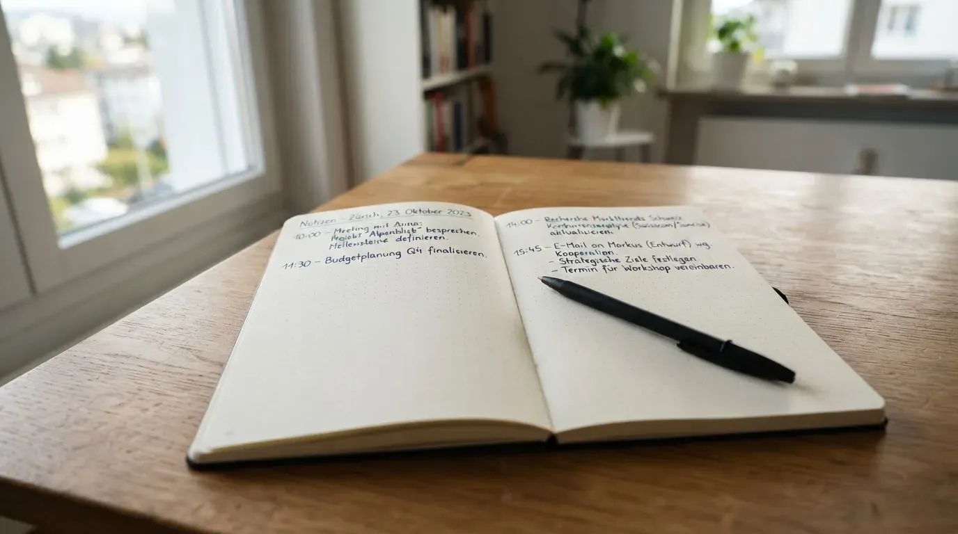Ein aufgeschlagenes Notizbuch mit handschriftlichen Notizen und ein Kugelschreiber liegen auf einem Holztisch neben einem Fenster mit Tageslicht.