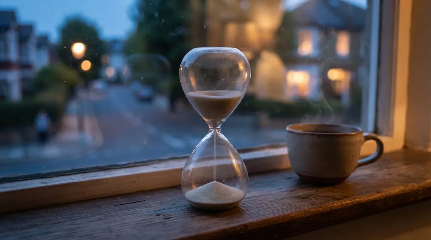 Eine Sanduhr steht auf einem Fensterbrett neben einer Tasse Tee, draussen dämmert es über einer ruhigen Strasse.