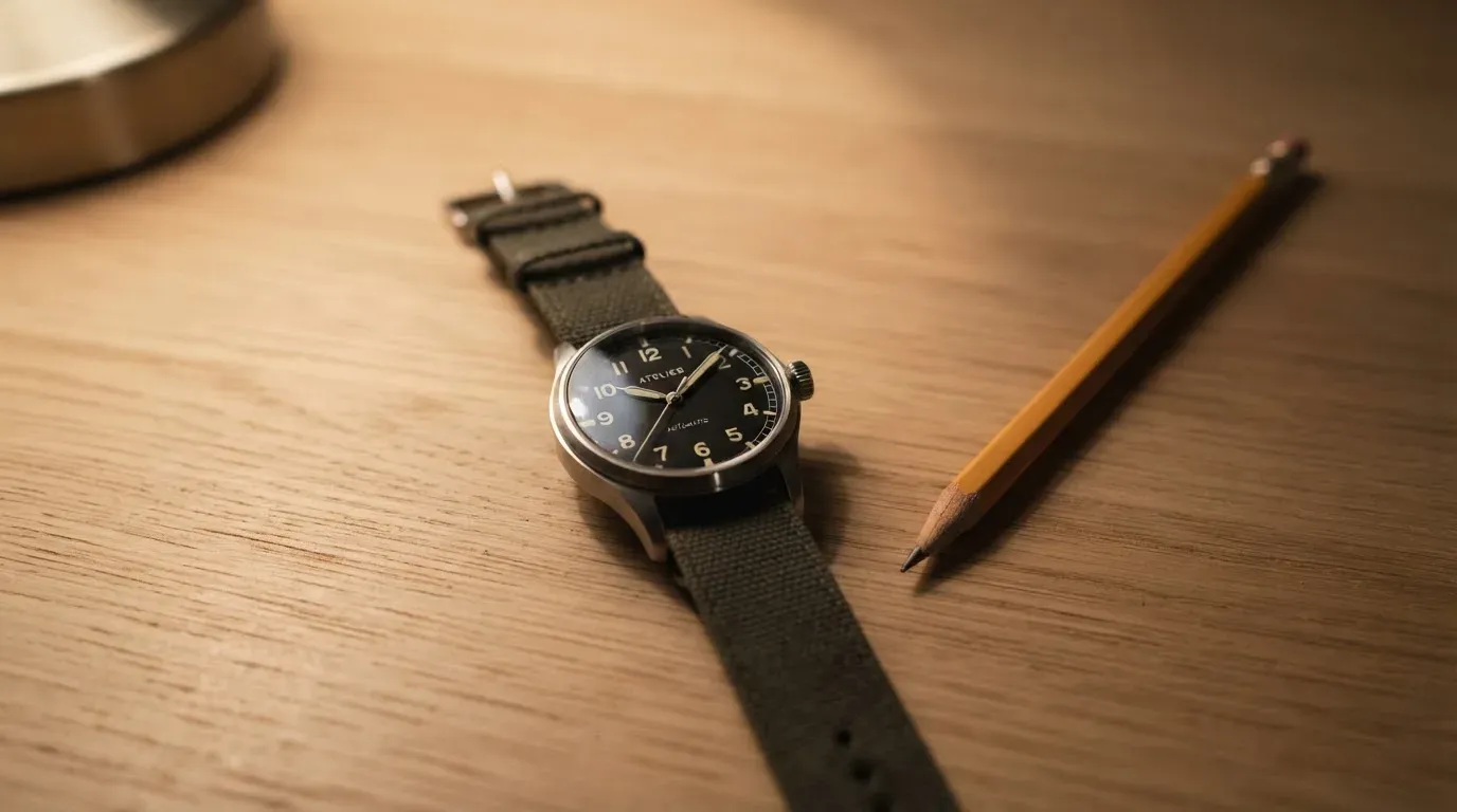 Eine Armbanduhr und ein gespitzter Bleistift liegen auf einem hellen Holztisch im Licht einer Schreibtischlampe.