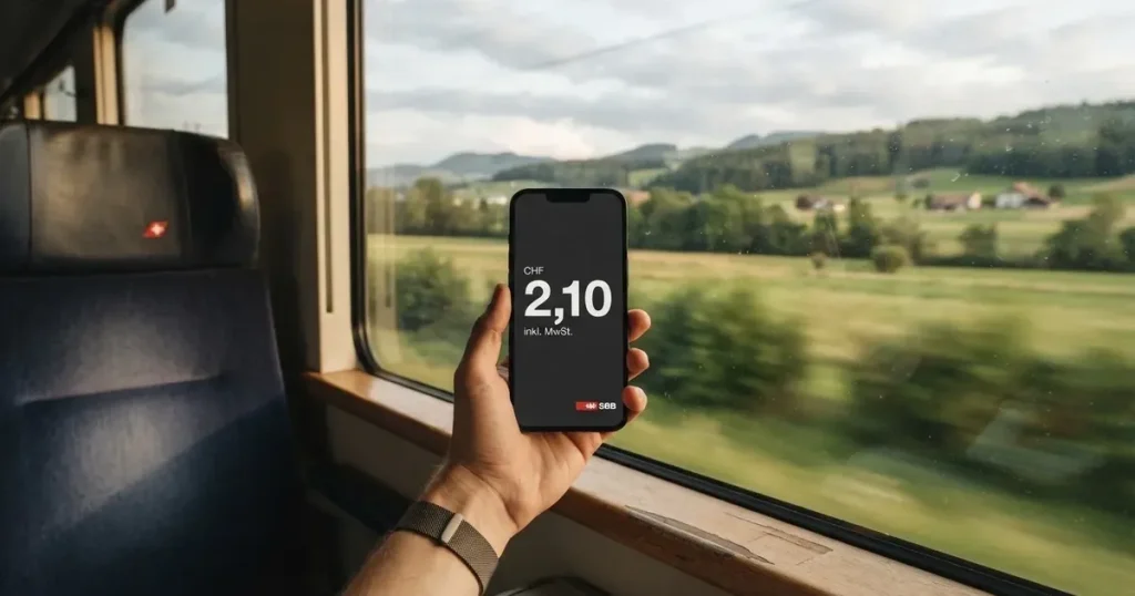 Eine Hand hält ein Smartphone mit schwarzem Bildschirm vor einem Zugfenster, draussen ziehen Hügel und Wiesen vorbei.