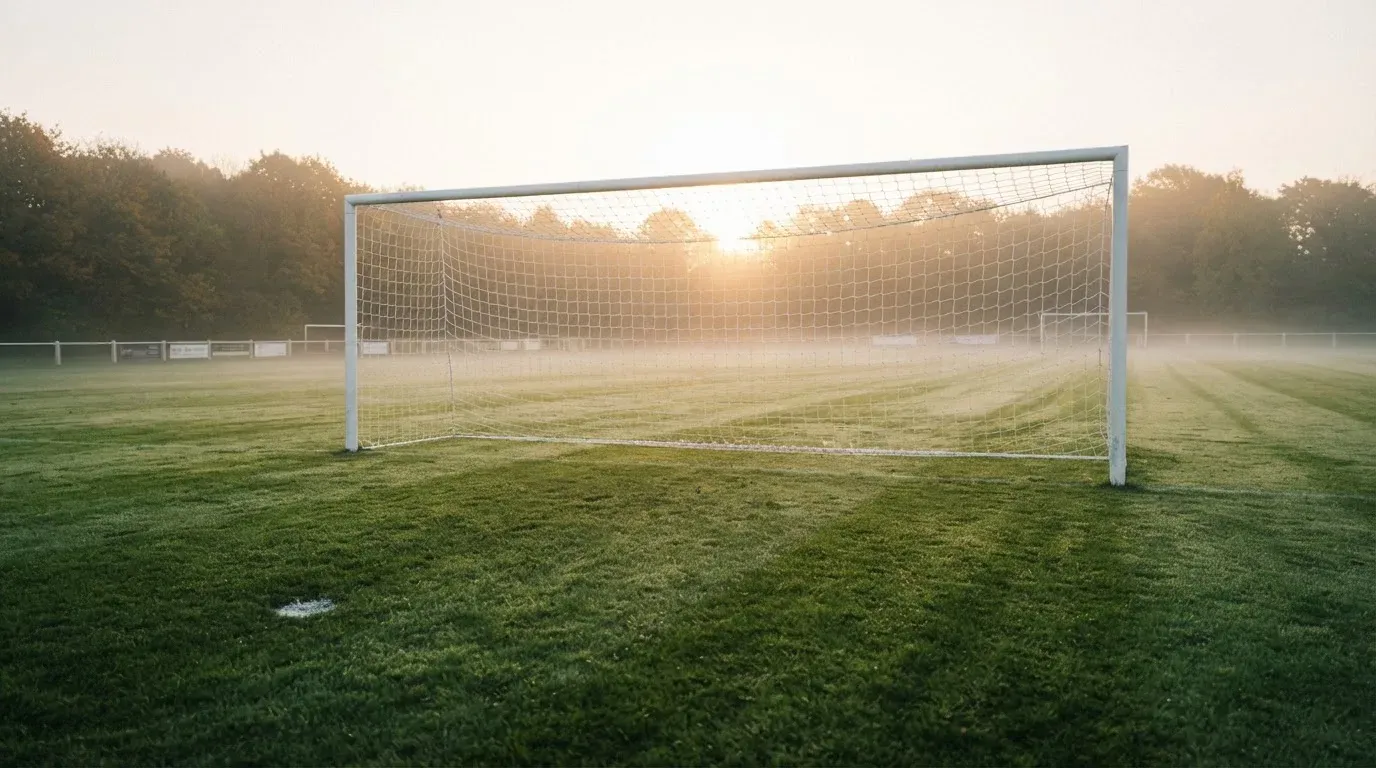 Ein Torpfosten mit Netz steht im Gegenlicht auf einem leeren Fussballplatz, über dem Rasen liegt Nebel.