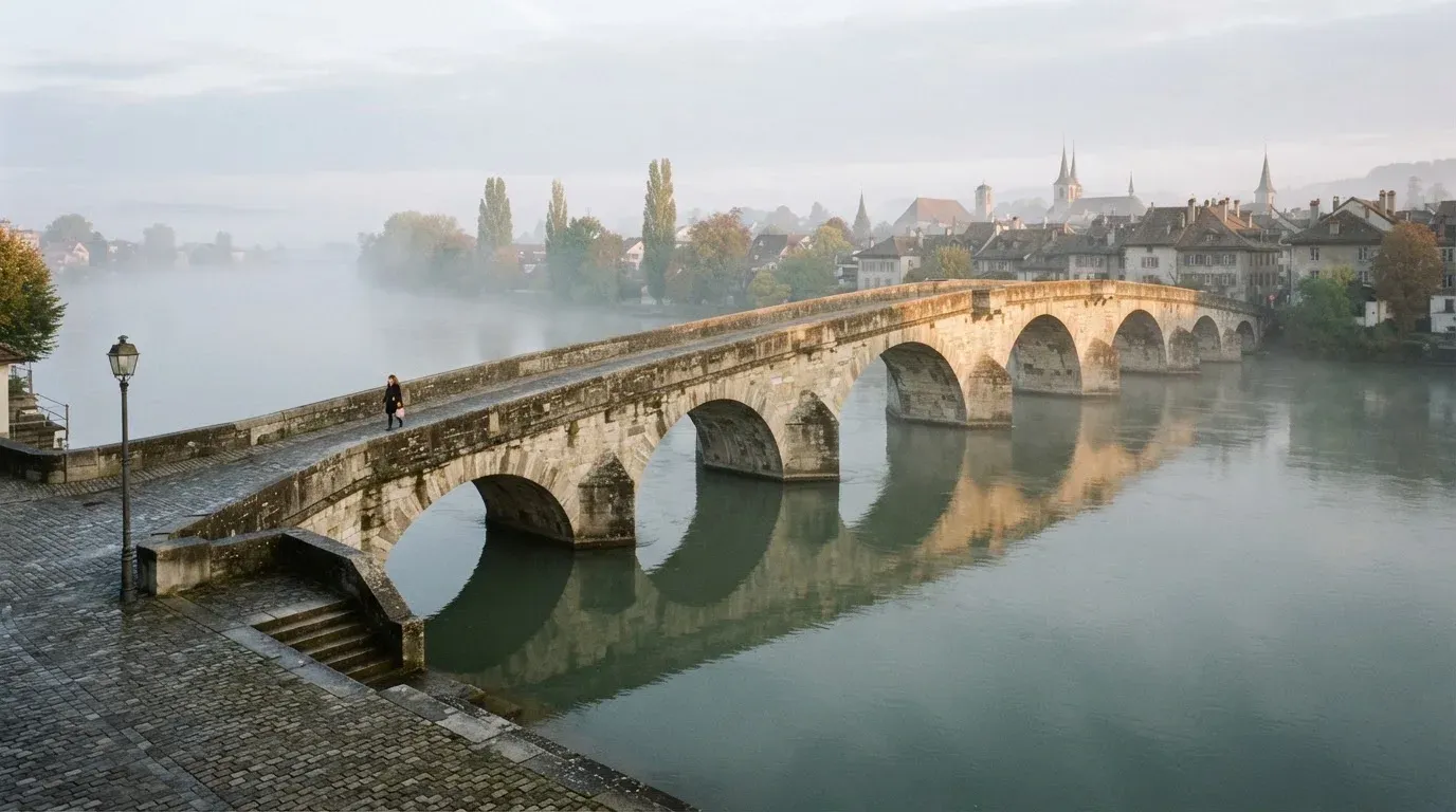 Eine Steinbrücke führt im Frühnebel über einen Fluss, auf dem Fussweg ist niemand zu sehen.