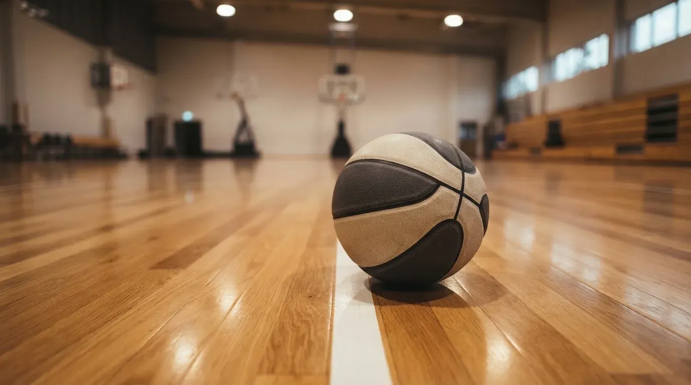 Ein Basketball liegt auf dem Parkett einer leeren Sporthalle im Licht der Deckenlampen.