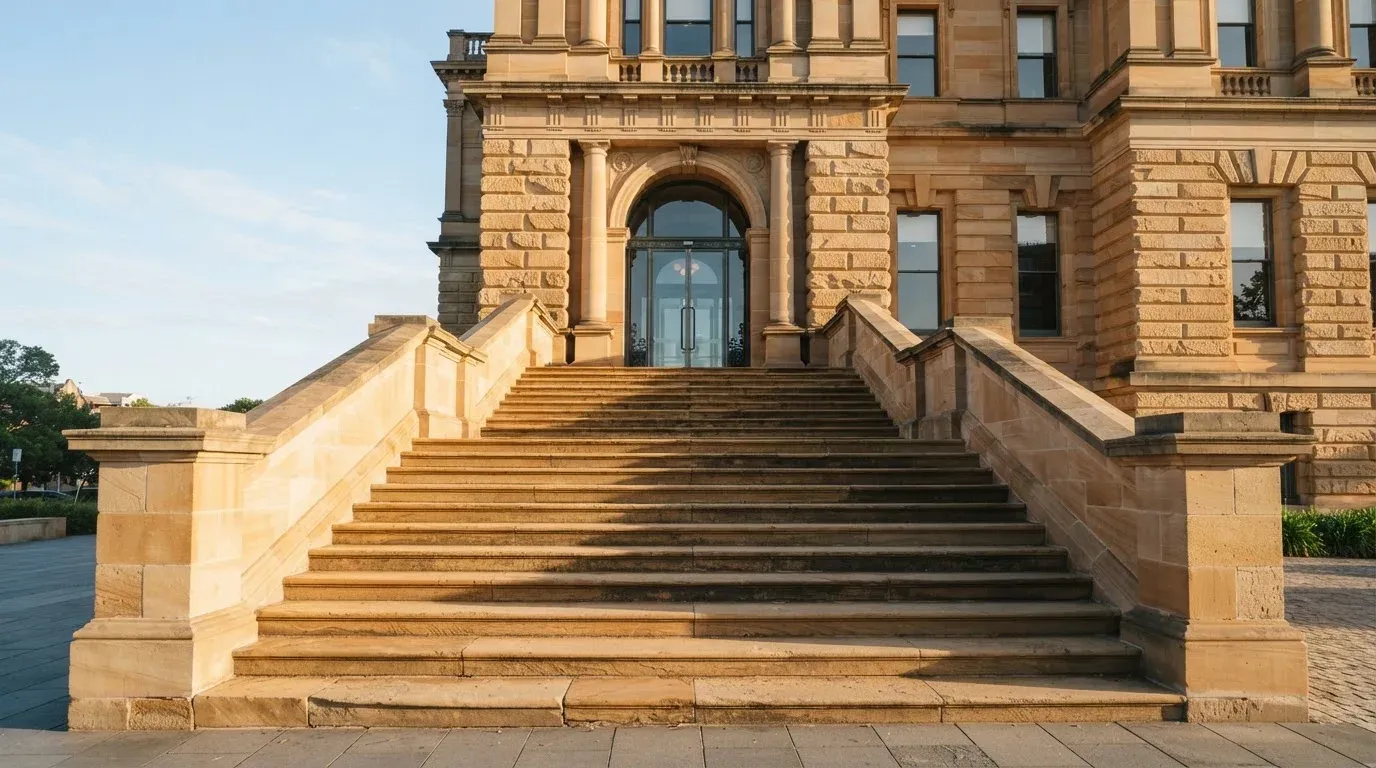 Eine breite Treppe aus Sandstein führt im Morgenlicht zu einem hohen Gebäude.
