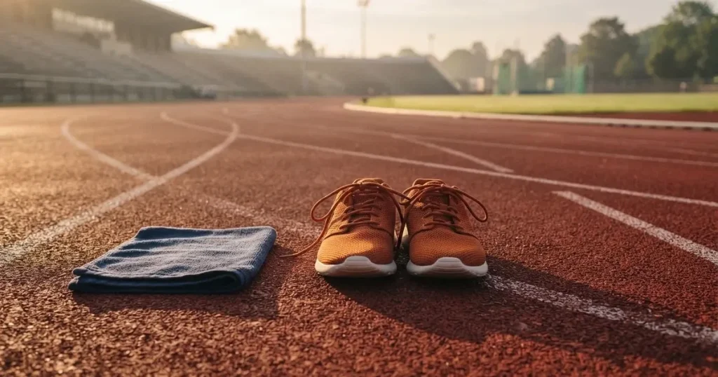 Ein Paar frisch geschnürter Laufschuhe steht auf einer roten Tartanbahn im Morgenlicht, daneben liegt ein Handtuch.