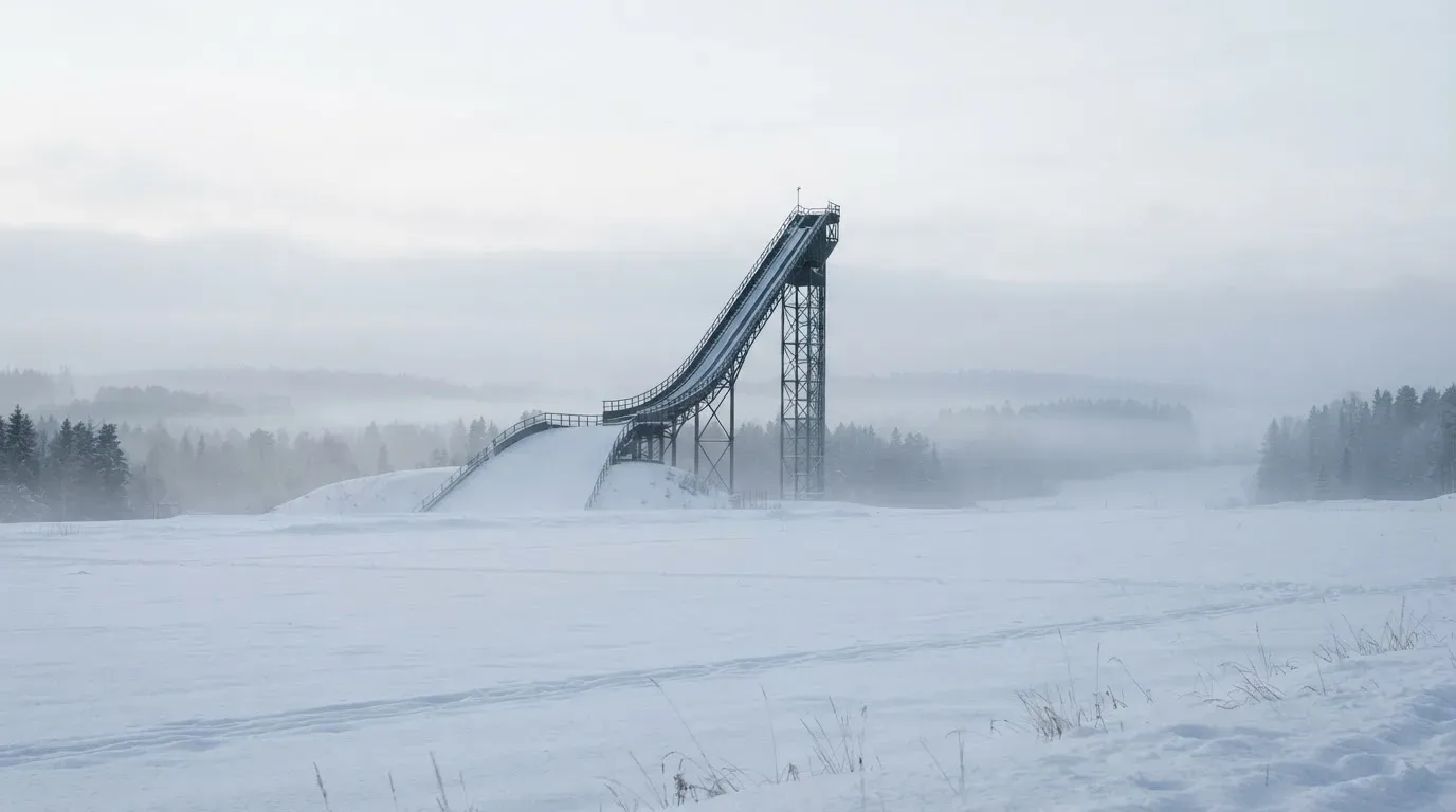 Eine Skisprungschanze ragt aus der Ferne gesehen in den Morgennebel, davor ein verschneites Feld.