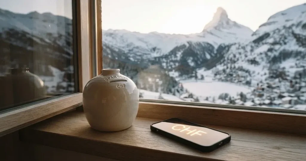 Eine leere Sparbüchse aus Keramik steht auf einem Fensterbrett, draussen liegt eine verschneite Landschaft im Gegenlicht.
