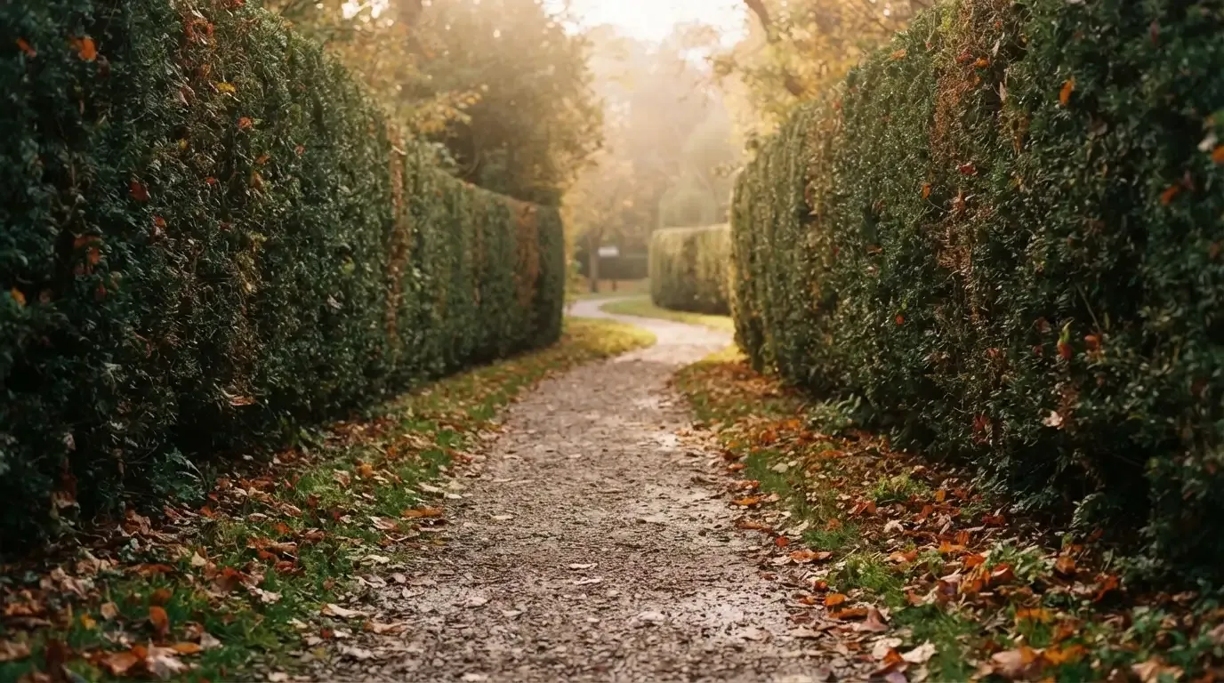 Ein schmaler Kiesweg führt zwischen zwei Hecken durch einen Park, auf dem Weg liegt Herbstlaub.