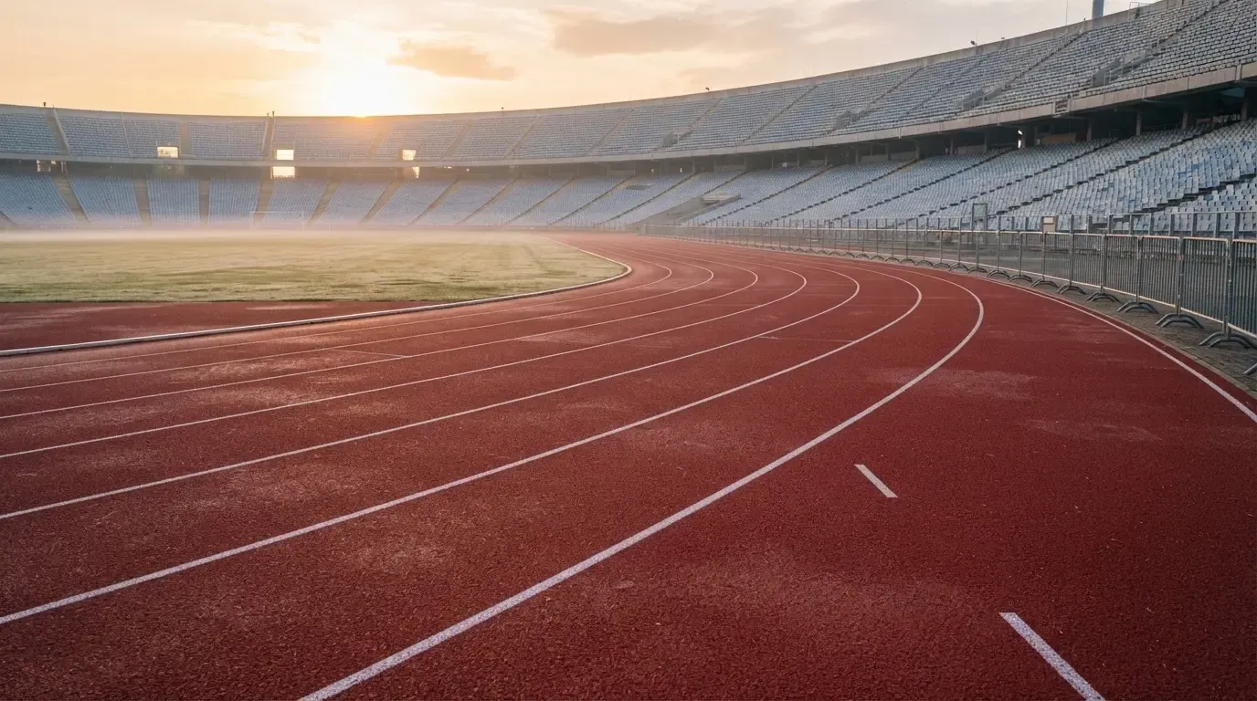 Eine rote Laufbahn in einem leeren Stadion bei Sonnenaufgang, die Bahnen ziehen sich in die Kurve.