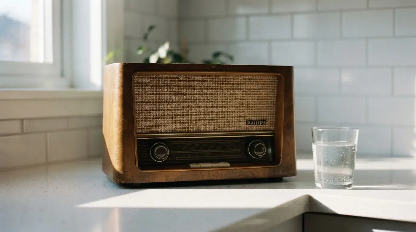 Ein altes Radio steht auf einer Küchenablage neben einem Glas Wasser, Morgenlicht fällt durchs Fenster.