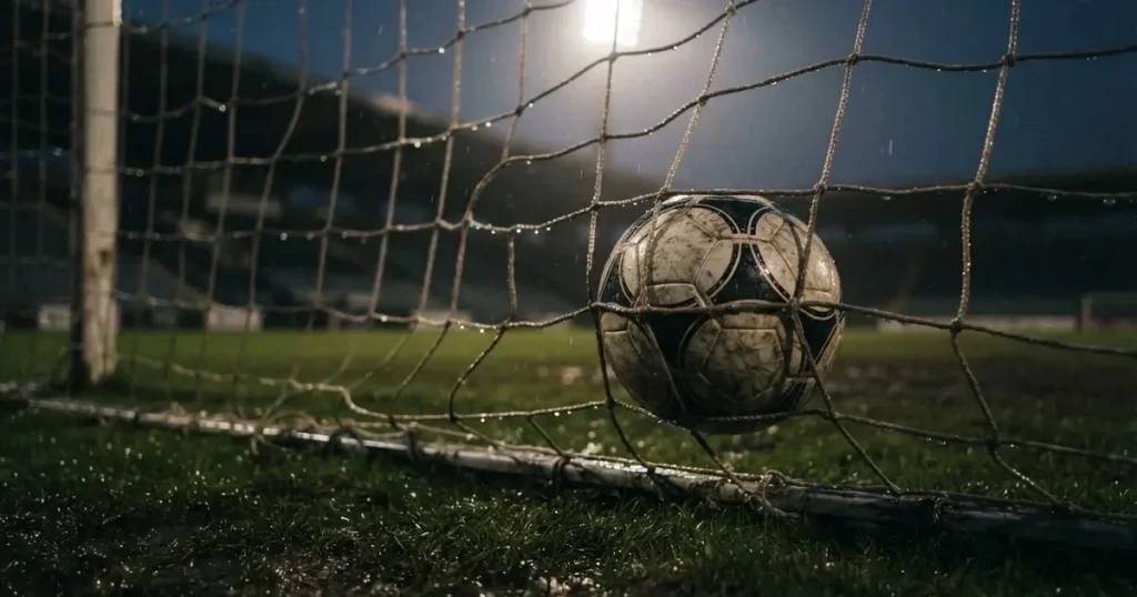 Ein Fussballnetz in Nahaufnahme, in dem ein Ball hängt, Wassertropfen glänzen auf den Maschen.