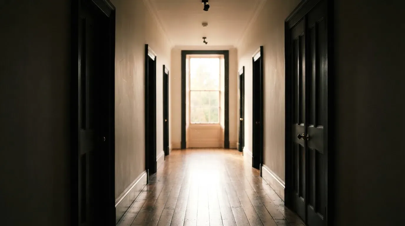 Ein Flur mit Holztüren im Gegenlicht, am Ende des Gangs fällt Tageslicht durch ein Fenster.