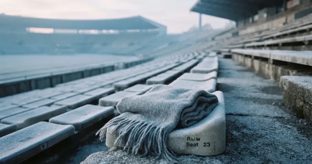 Ein einfarbiger grauer Schal liegt auf einer leeren Betontribüne, Raureif auf den Sitzen, kühles Morgenlicht über dem Stadion