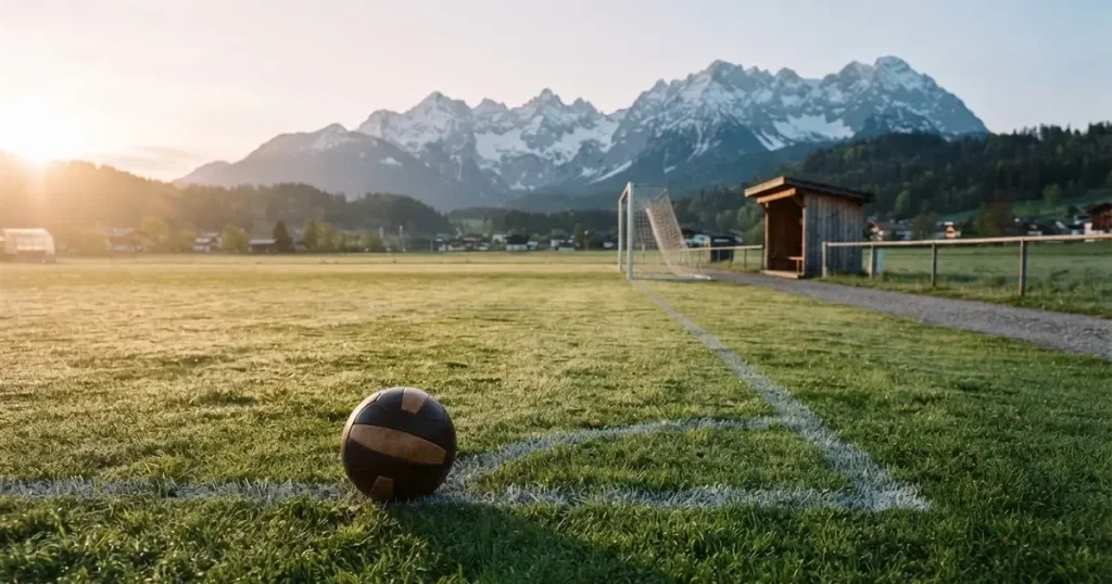 Ein Dorf-Sportplatz mit einem Ball am Strafraumrand, dahinter schneebedeckte Alpengipfel im klaren Morgenlicht
